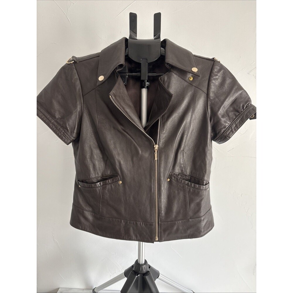 bebe Vintage Brown Genuine Leather Short Sleeve Moto Jacket Puff Cuff Gold L